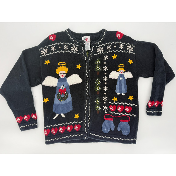 VTG Nutcracker Angel Ugly Christmas‎ Sweater Cardigan Wool Granny Core Small - Picture 1 of 10